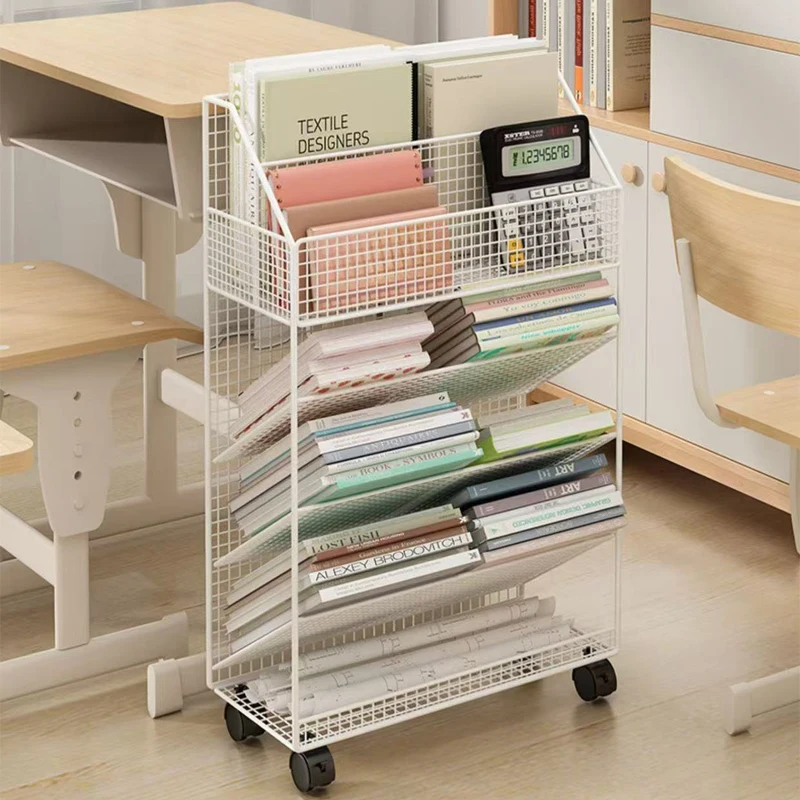 

Large Bookshelf Library Cart Mobile Book Storage Shelf Metal Bookcase Holder Office Desk Document Storage Rack Kidroom Organizer