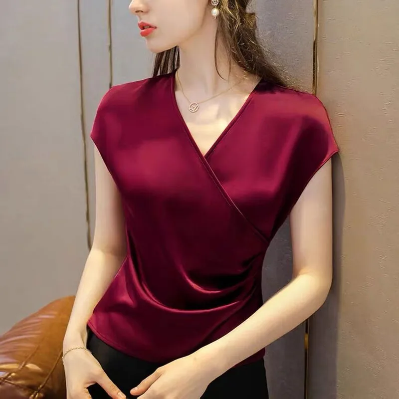 Fashion elegant office lady Chiffon Shirts sexy V-Neck Acetate satin Blouses Femme Blusas White Red Black green Satin Tops