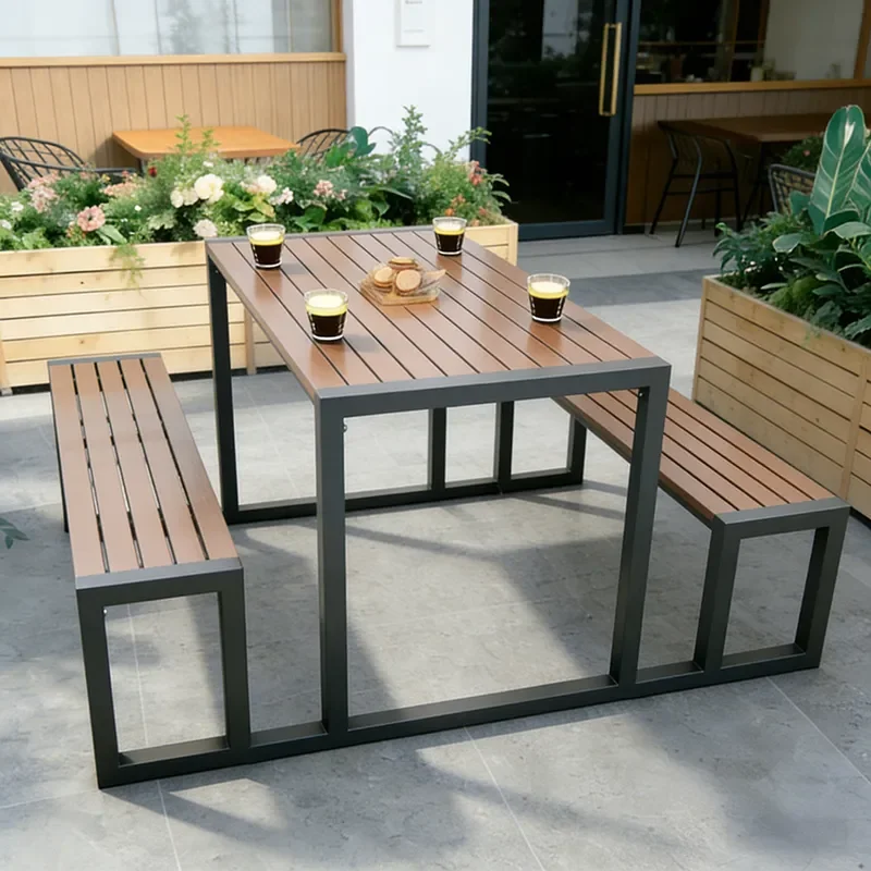 Plastic Wood Bench Outdoor Dining Set Waterproof Sunproof Garden Courtyard Rooftop Terrace Bar Leisure Simple Tables and
