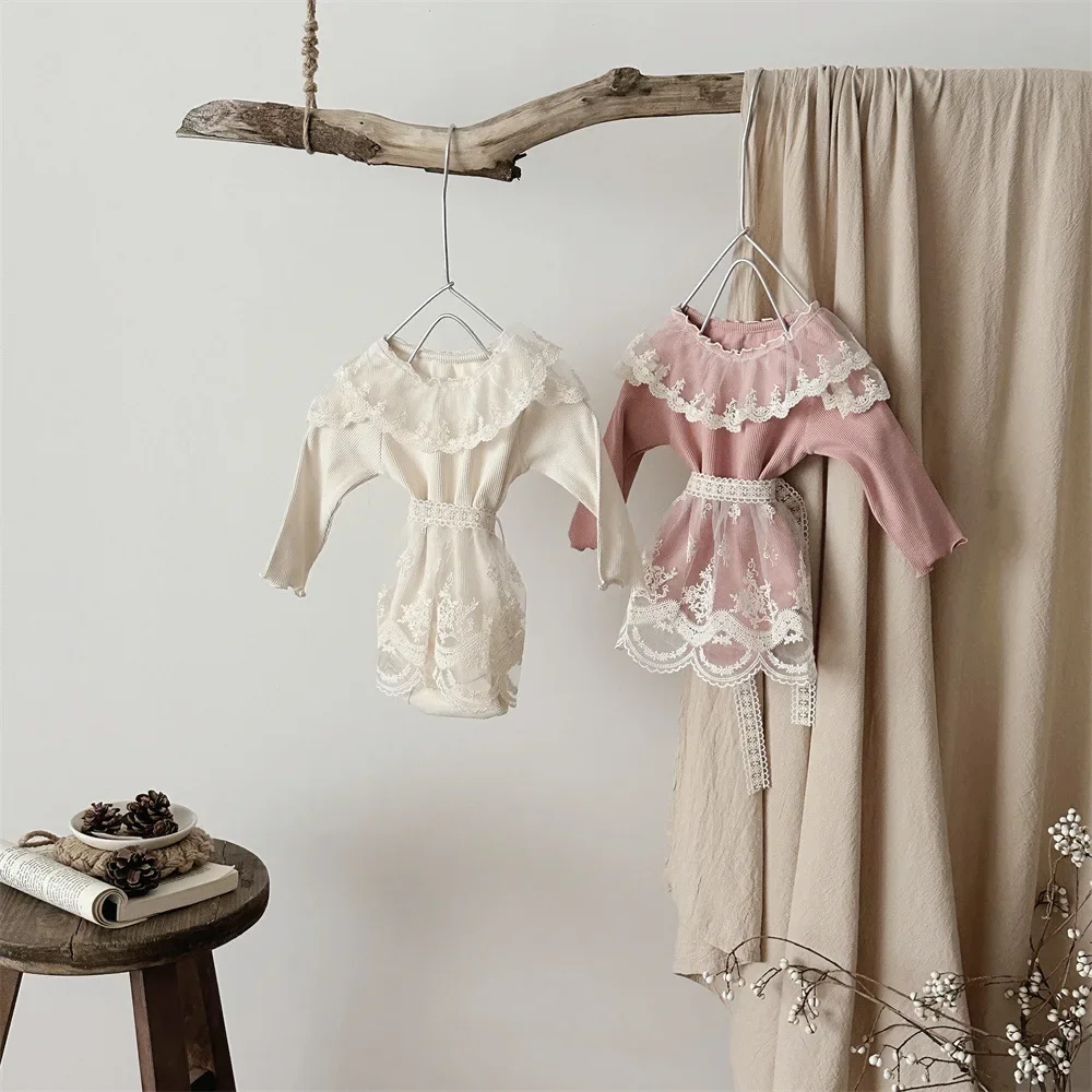 Cute Toddler Girls One Piece Spring Autumn Baby Bodysuit Set 0-18M Tulle Collar Long Sleeve Jumpsuit Matching Lace Apron