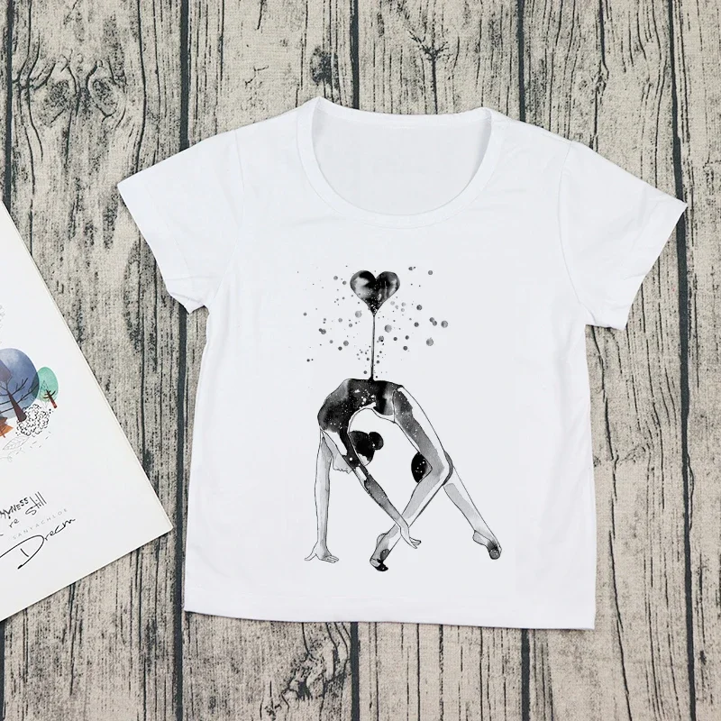 2024 Summer Watercolor Ballet Dancer Print Girl White T-shirt Gymnastics Dance Children Baby T-shirt Kids Short Sleeve T-shirt