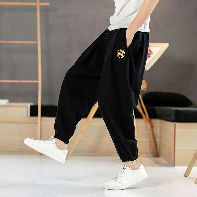 

Мужские летние брюки свободного кроя из хлопка и льна с вышивкой, повседневные, комфортные, дышащие, свободные штаны-леггинсы