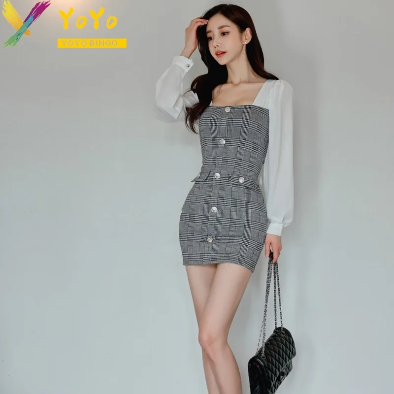 Formal Dress Grey Plaid Long Sleeve Stitching Pencil Dress Autumn Winter Elegant Slim Bodycon Dress sexy night club dress