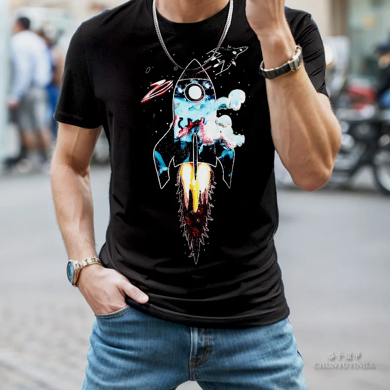 

Chun yu yin jia Designer luxury brand Rocket Pattern 3D Print Short-Sleeved t Shirt for man Black men tee