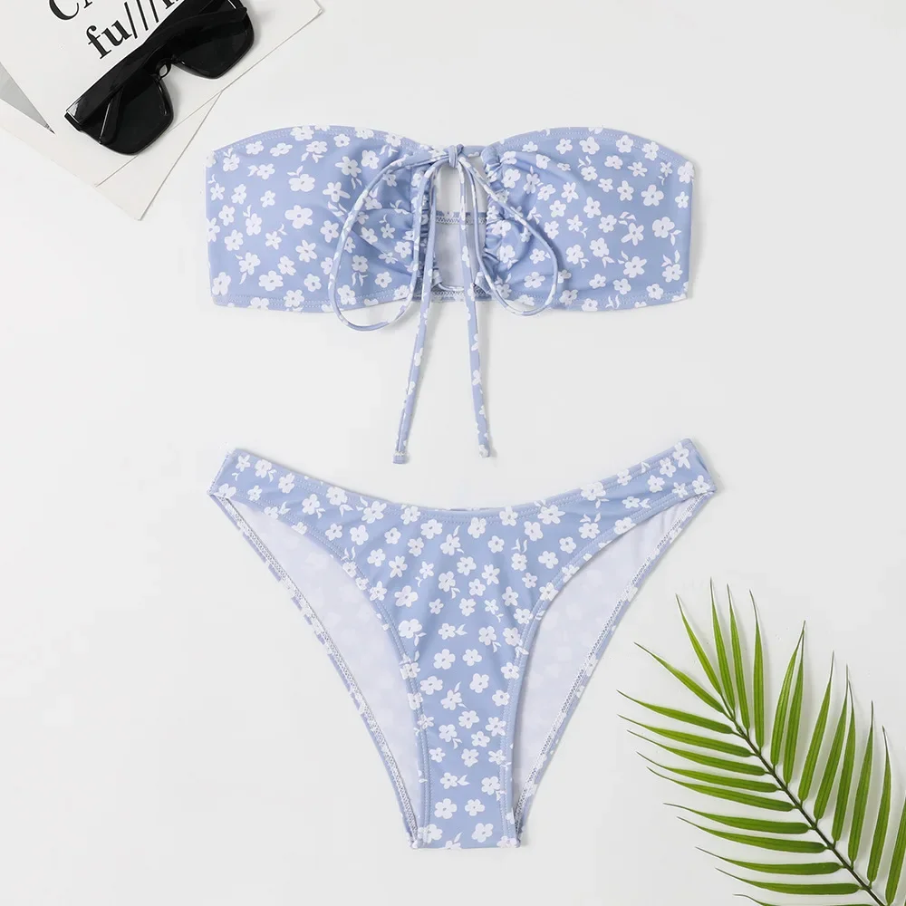 Sexy Floral Print Bandeau Swimwear Micro Thong Bikinis Set String Lace-up Swimsuit Women Bathing Suit Hollow Out Bather Biquinis