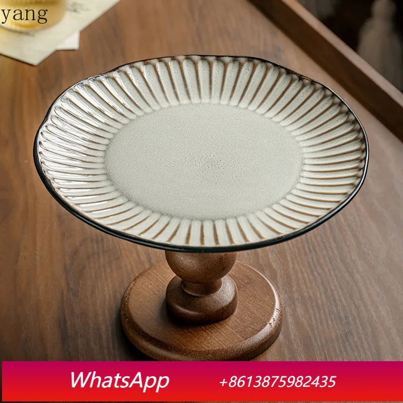 

LTT retro wooden fruit plate high-foot tray household ceramic pastry fruit plate