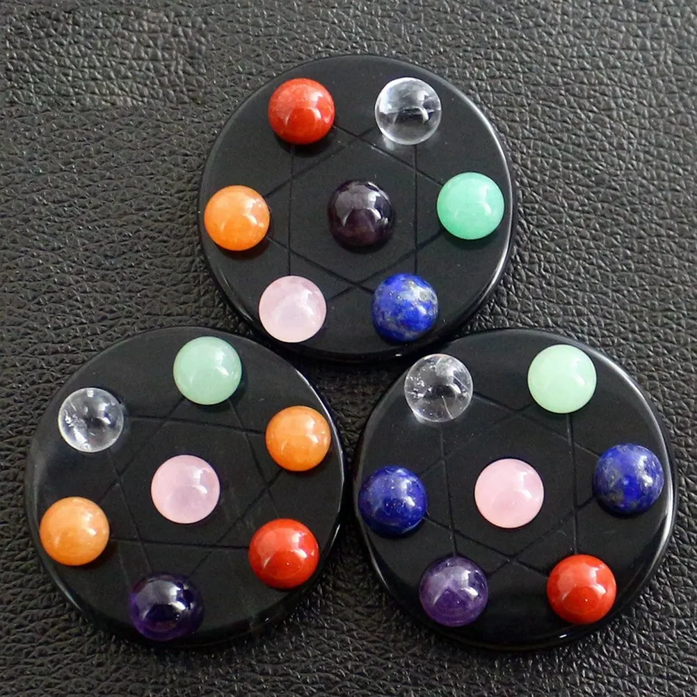 7 Chakra Gemstone Ball Sphere Set Obsidian Heart Chakra Hexagram Stand Healing Crystals Stress Relief Fengshui