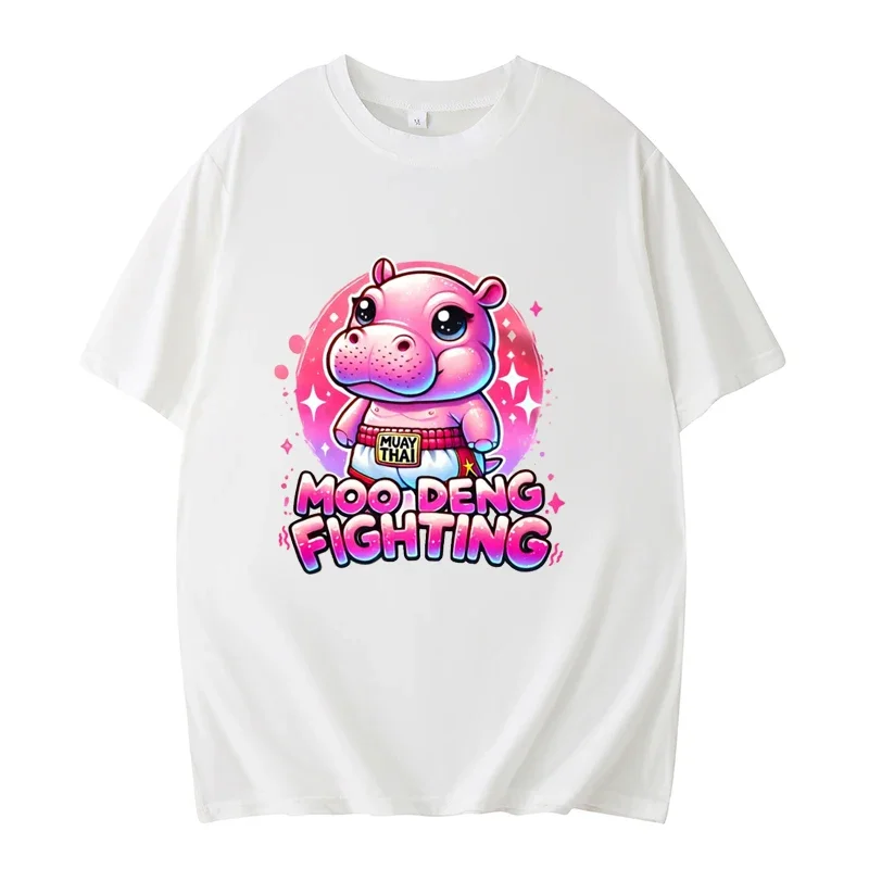 Cartoon Boxing Hippo Moo Deng Short Sleeve Pink Cute Cartoon Animal T-shirt Gift For Girlfriend