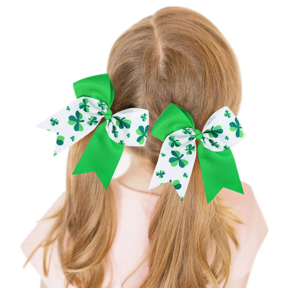 

Girls Bow Hair Ties Grosgrain Large Bowknots Hair Ropes Clover Printed Bows Ireland St. Patrick's Day Headwear for Kids 10pcs