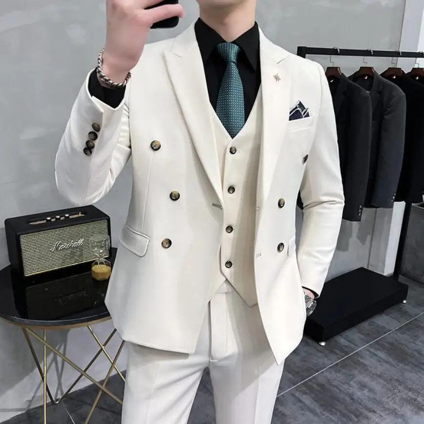 

Fashion New Men's Casual Business Double Breasted 3 Pcs Suit Set / Male Slim Solid Color Wedding Blazers Jacket Pants Vest 4XL-M