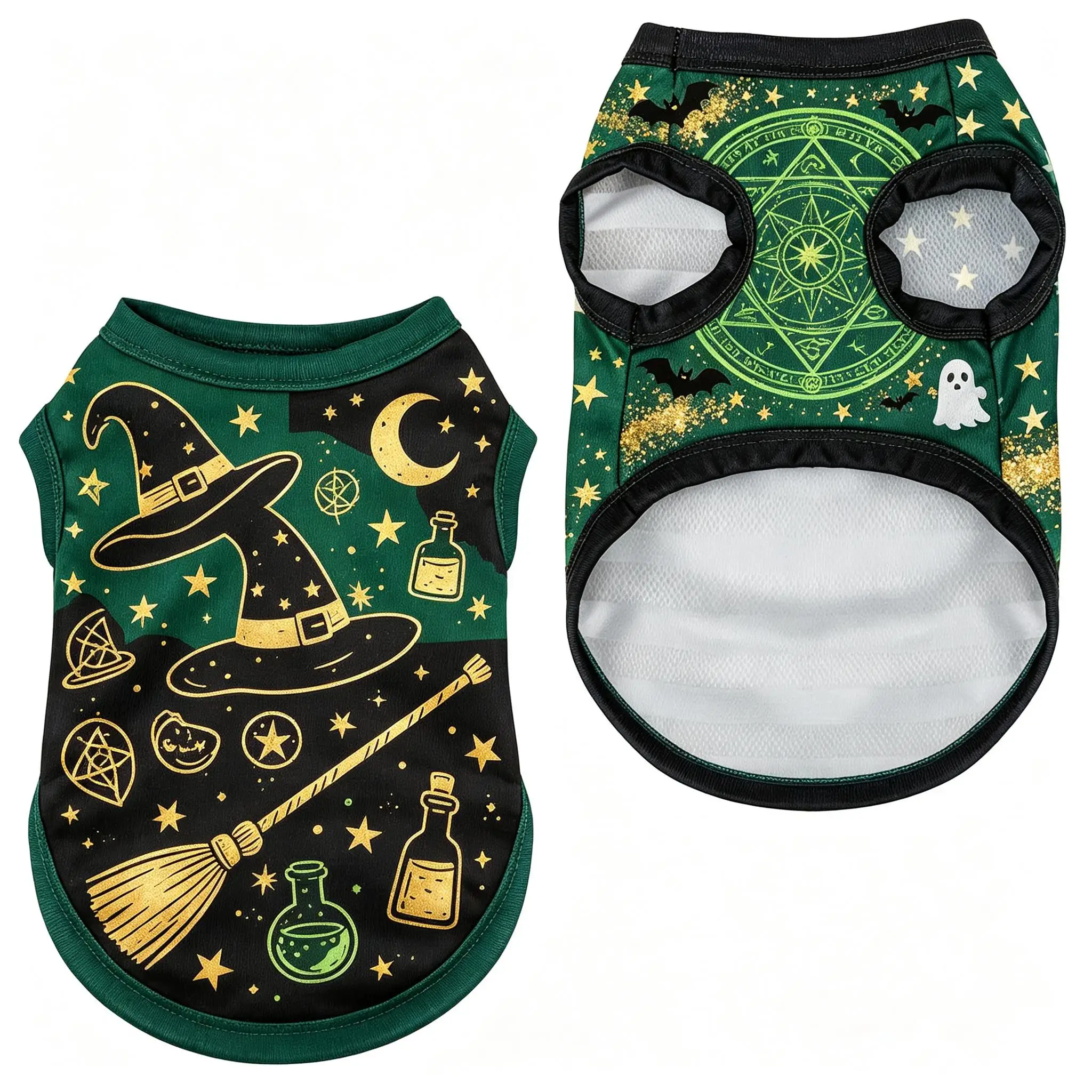 Pet Dog Vest Witch Hat Magic Broom Print Comfortable Sleeveless Shirt for Small Medium Dogs Magical Theme Holiday Wear