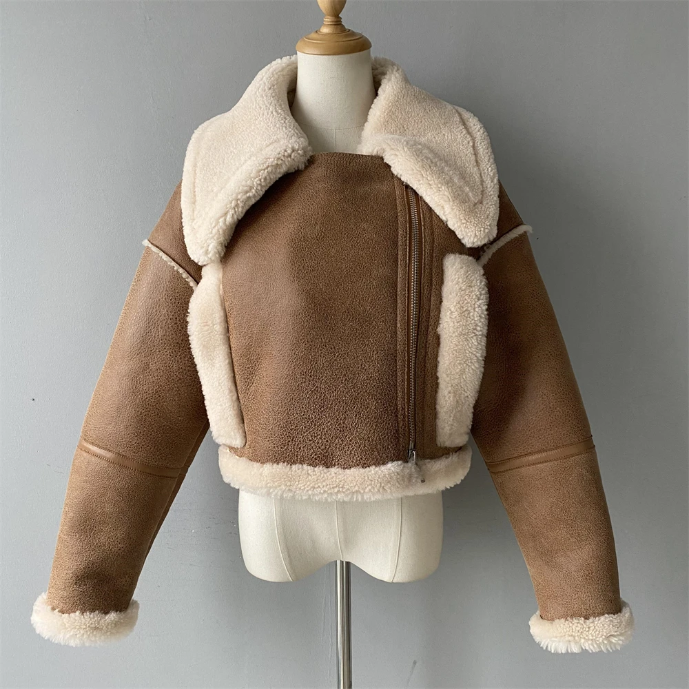 Jaxmonoy-Jaqueta de couro shearling para mulheres, casacos curtos, pele de cordeiro super quente, casacos para senhoras, moda, novo estilo inverno