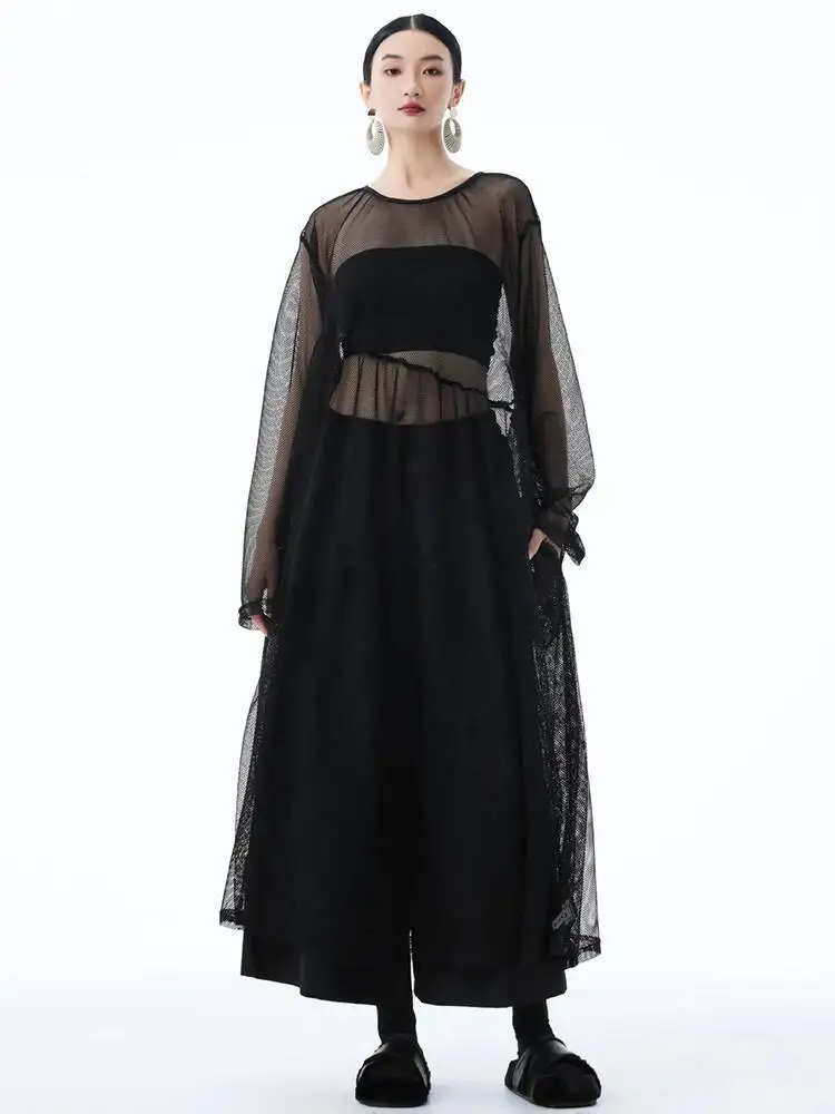 Women Black Grid Hollow Out Big Size Long Casual Dress New Round Neck Long Sleeve Fashion Tide Spring Autumn