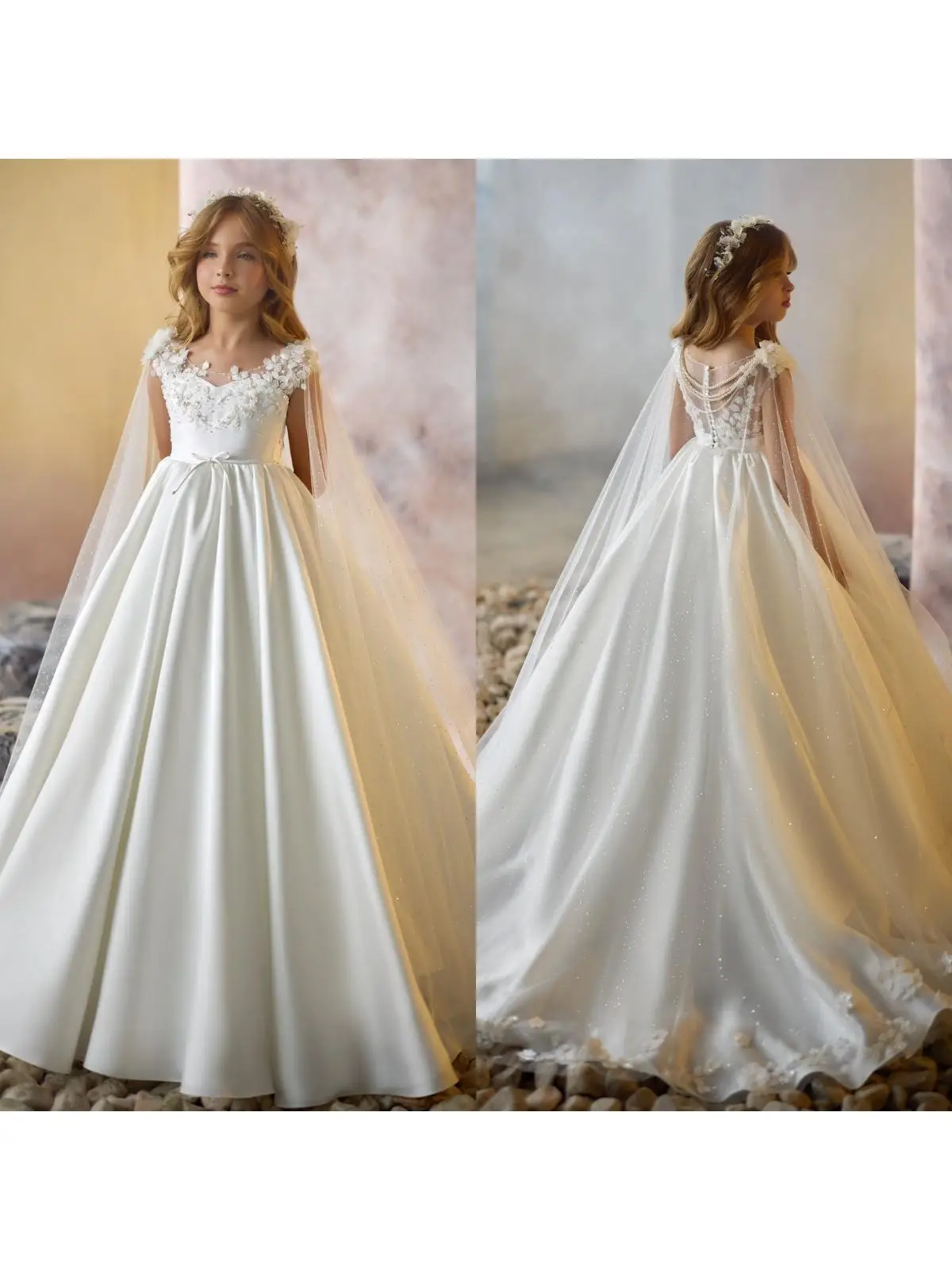 Elegante weiße Blumenmädchenkleider mit Wickeloptik, individuell gestaltete, applizierte Wurfmädchen-Geburtstagsparty-Kleider, Baby-Erstkommunion-Kleider