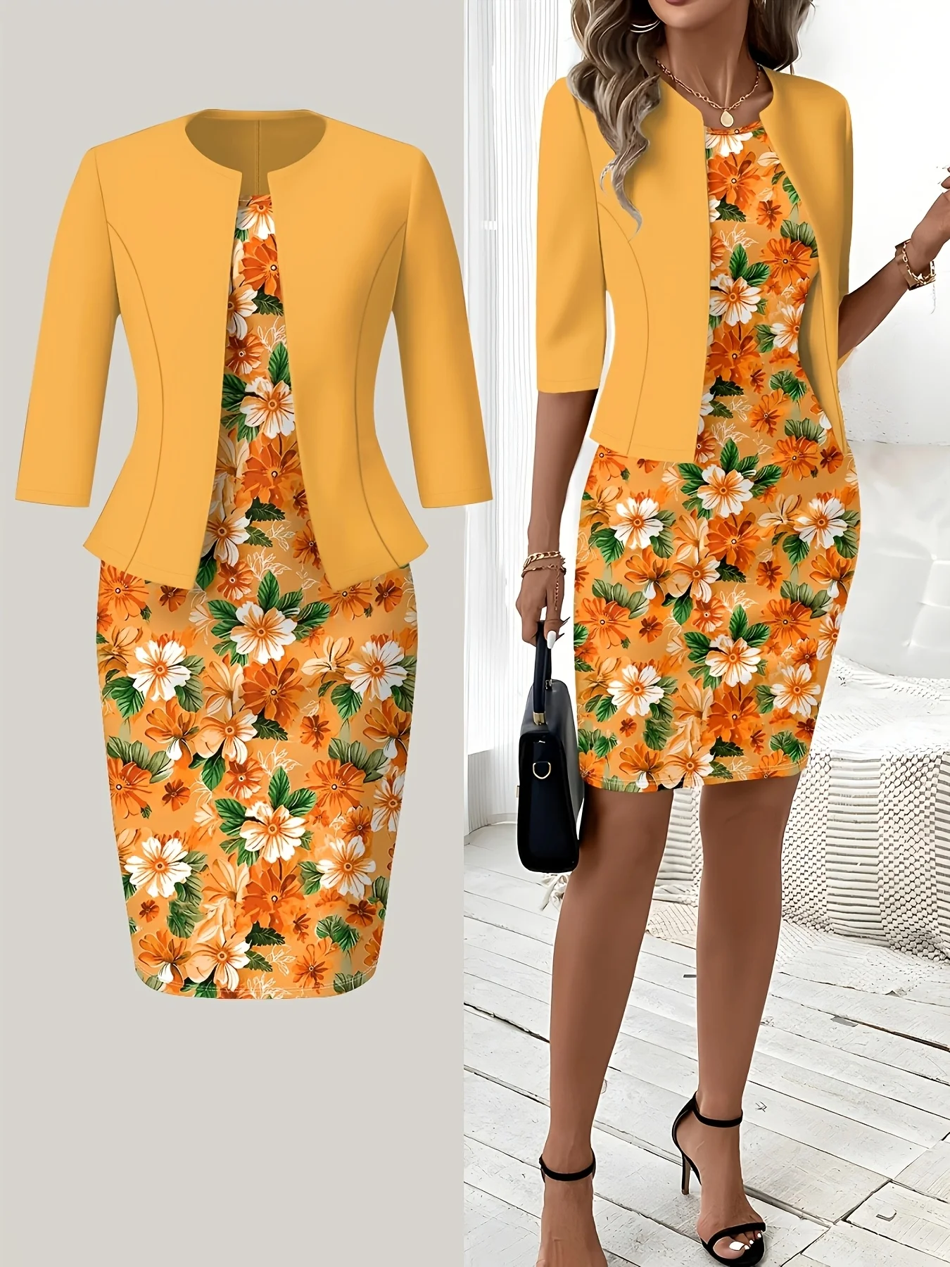 Print Design Casual Style Sunflower Botanical Floral & Leaf Print Round Neck Sleeveless Dress Set