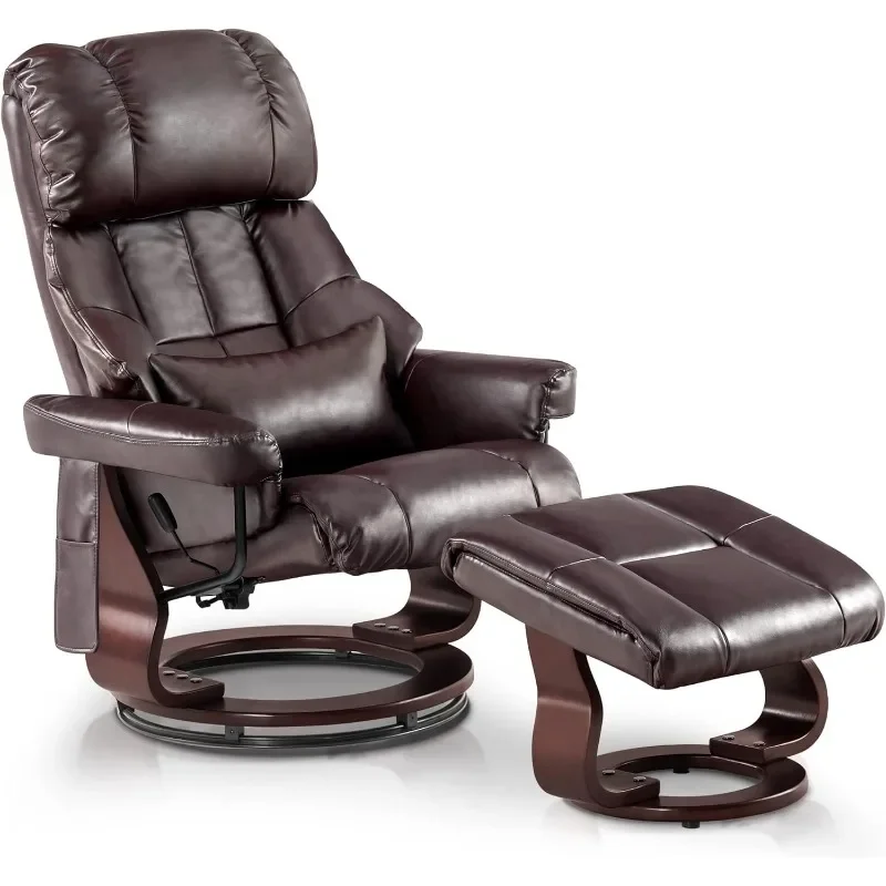 Recliner with Ottoman Reclining Chair with Vibration Massage and Removable Lumbar Pillow, 360 Degree Swivel Wood Base