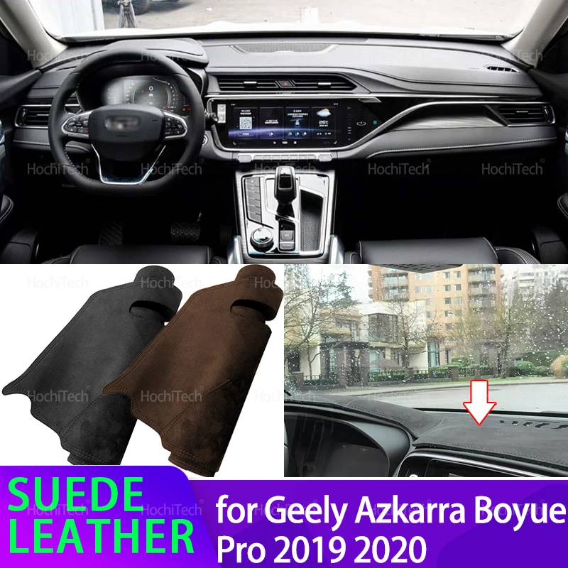 Para geely azkarra boyue pro 2019 ~ 2020 anti-uv camurça couro dashmat preto/marrom painel capa sun sombra tapete antiderrapante almofada
