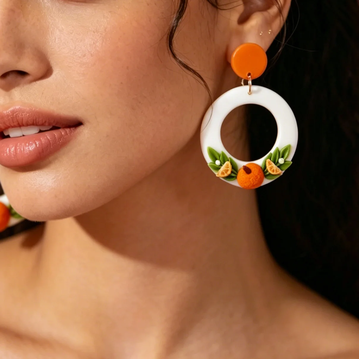 Floral Multi Shapes Dangle Citrus Fruits Ring Trendy Fashion Orange Polymer Clay Earrings Women\'s Spring Summer Accessory Gift