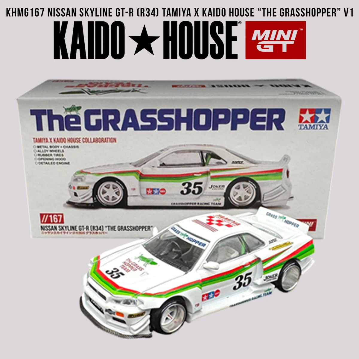 In Stock Kaido House x Mini GT KHMG167 1:64 Skyline GT-R R34 Tamiya The Grasshopper V1 Diecast Collectible Model Car