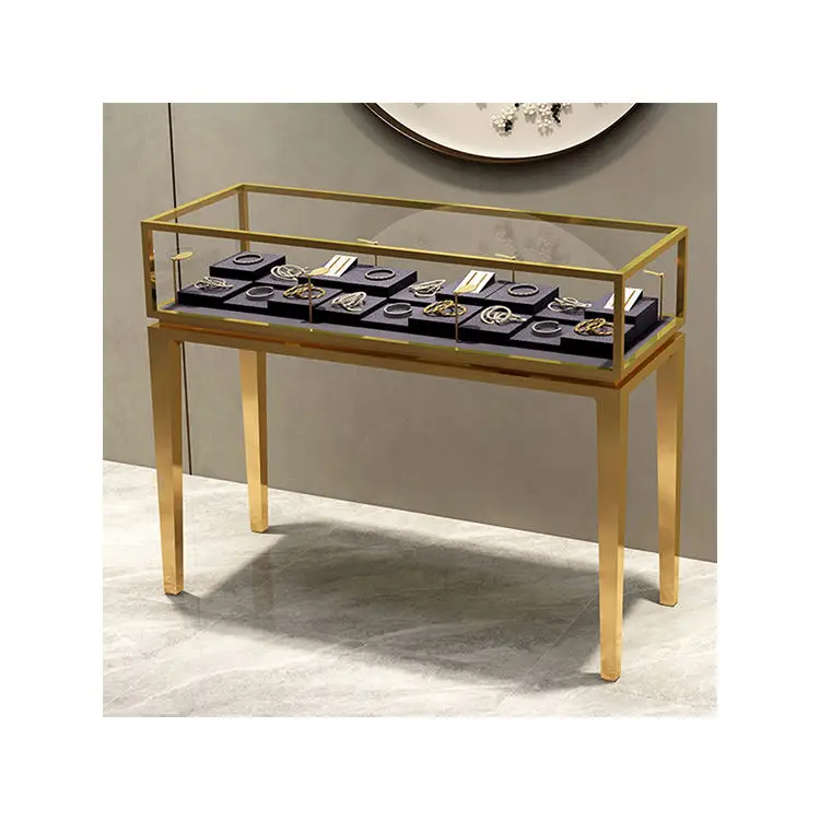 Luxury Gold Glass Floor-to-Floor Retail Jewelry Display Cabinet Lockable