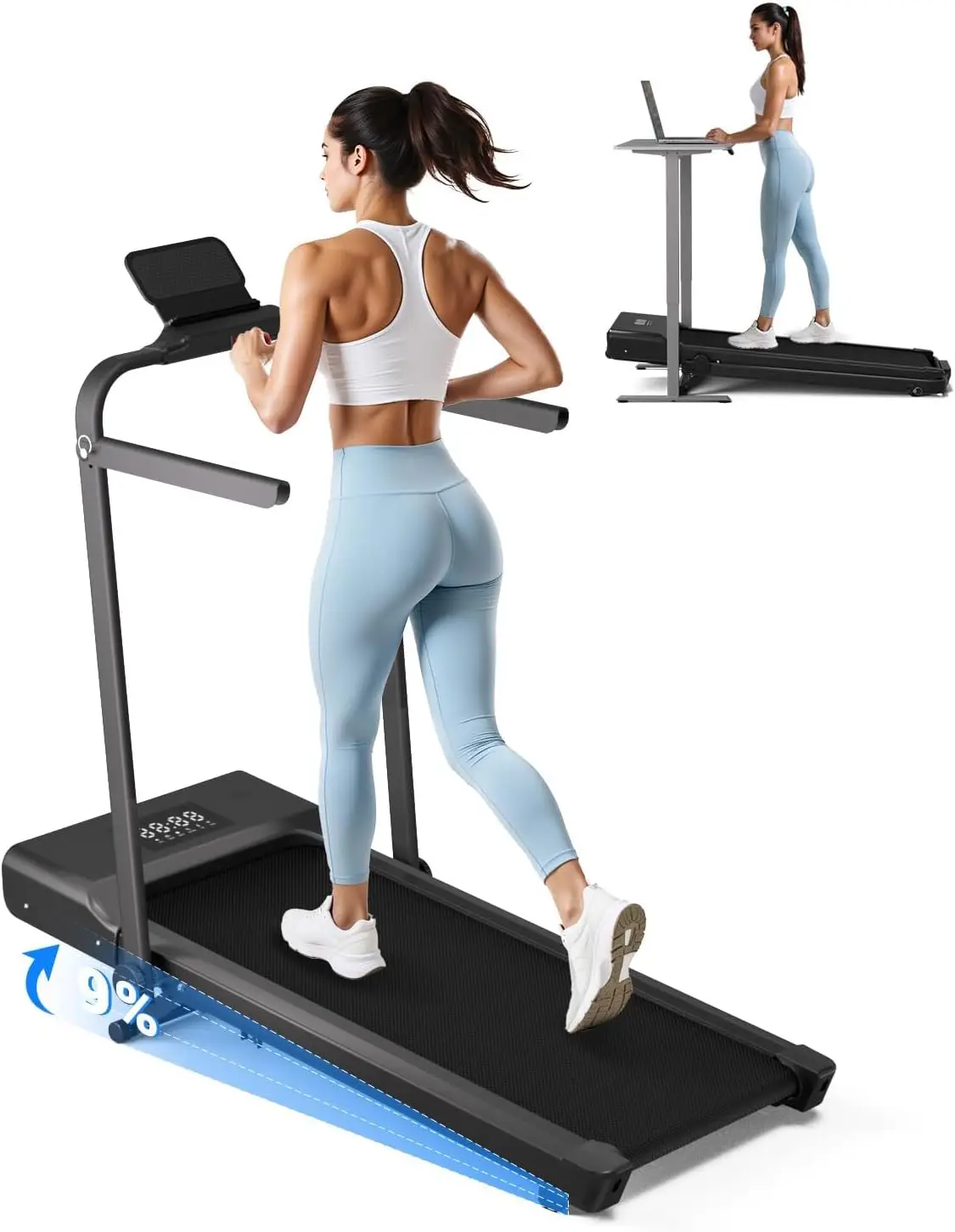 Portable Under Desk Electric Running Machine with Handle Bar, 3.0HP Walking Pad Treadmill for Home Office, LED Remote