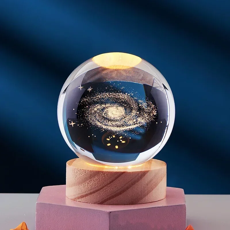 

3D Crystal Ball LED Warm Night Light Wooden Base Laser Engraved Solar System Globe Galaxy Birthday Gift Home Desktop Decoration