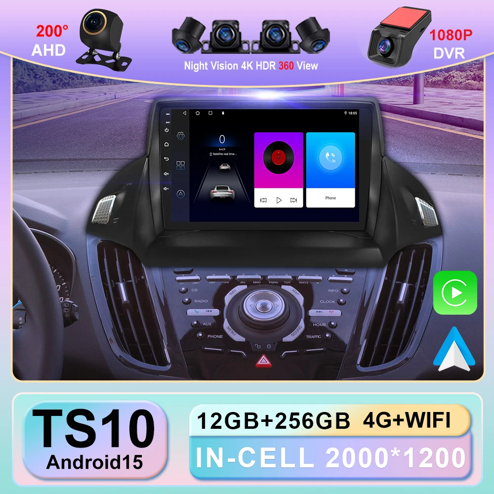 Android 15 For Ford C-MAX Kuga 2 Escape 3 2012--2019 Android Auto Radio Multimedia Player GPS Navigation Carplay Head Unit QLED