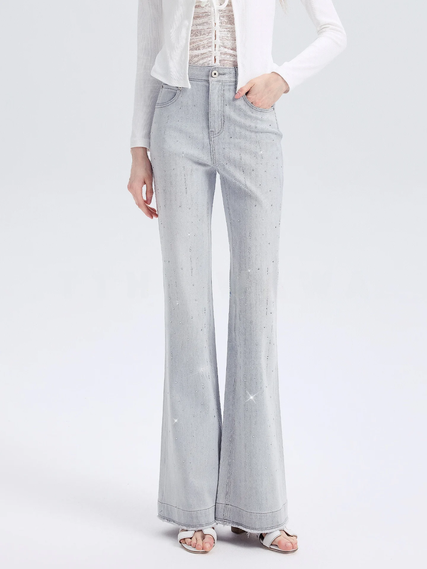 

TTH WAWA ey High Waist Slim Fit Women's Jeans Spring Faion Bell Bot Diamond Studded Cotton Blend Anti-Wrinkle