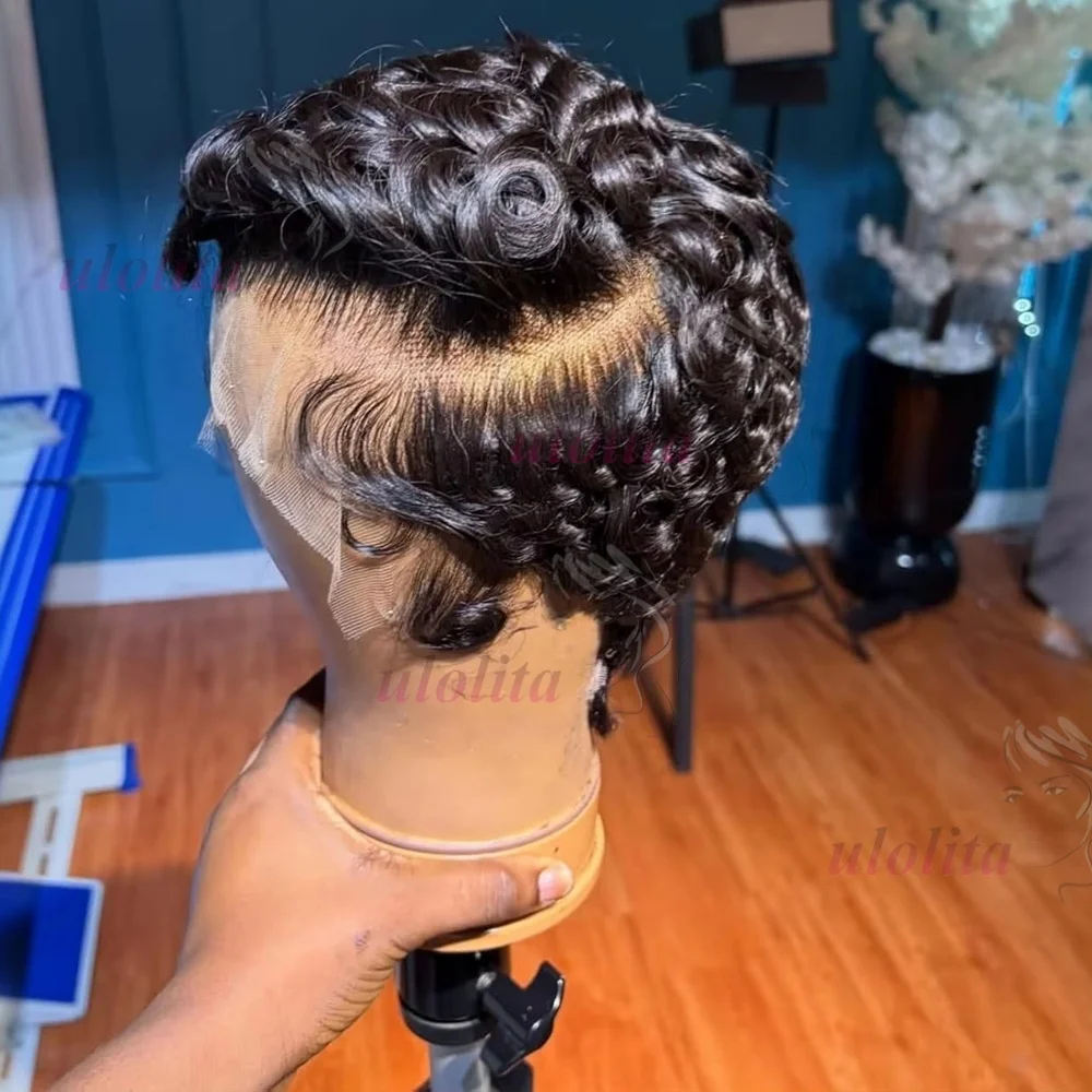 Chioma Lockige Pixie-Cut-Perücke 13X4 Full Lace Frontal Perücke Kurzer Bob Echthaarperücken für Frauen Kleberlose Lace-Perücke mit vorgezupftem Haaransatz – Detail 4
