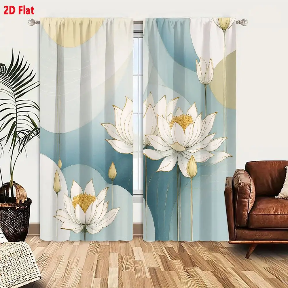 2Pcs Curtains 2D Flat Artistic Illustration Of White Lotus Flowers With Golden-Yellow Centers And Delicate Petals On Blue Beige