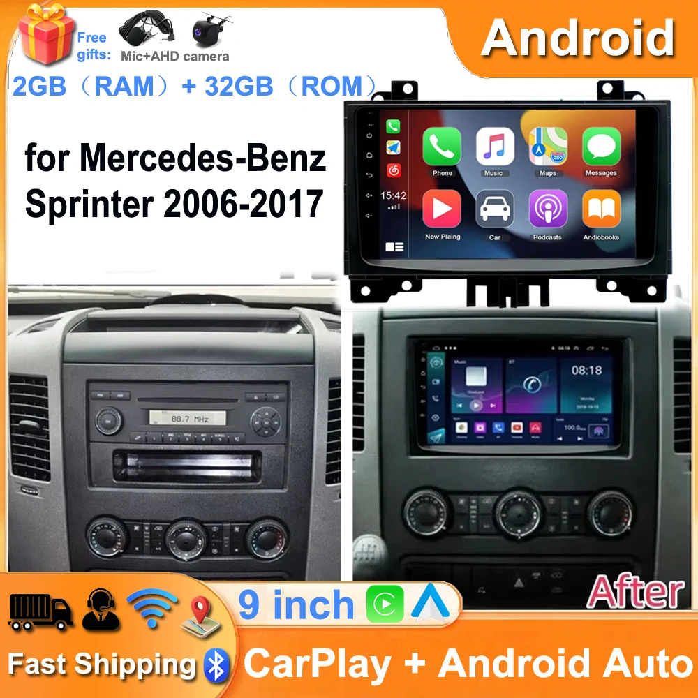 Car Stereo Radio for Mercedes-Benz Sprinter 2006-2017 9''Android15 Car Navigation System with CarPlay Android Auto  Base Model