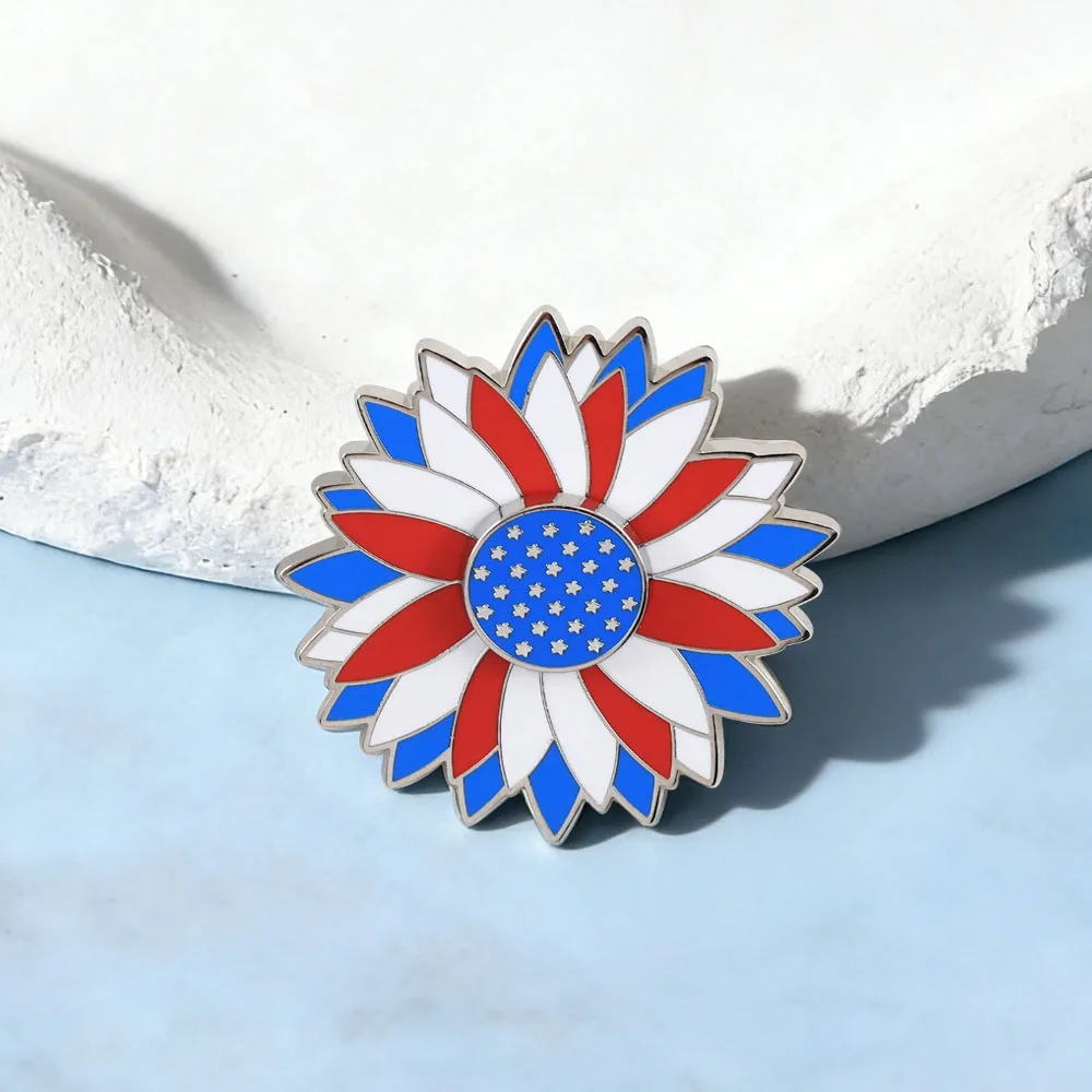 Amerikanische Flagge, Sonnenblumen-Brosche, rot-weiß-blauer Stern, Flaggen-Metallabzeichen, drehbare Blumen-Emaille-Pin, patriotische Dekorationen – Detail 4