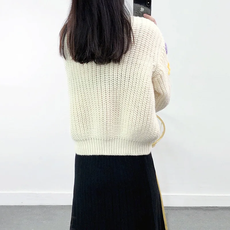 2025 춘추 중공업 파인애플 크로셰 자수 여성용 풀오버 루즈 스웨터