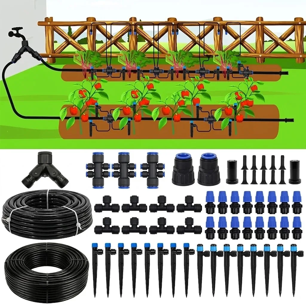 Automatic Garden Watering Quick Connect Drip Irrigation System Kit with 1/4 and 1/2 Inch Tubing Adjustable Nozzles Sprinklers