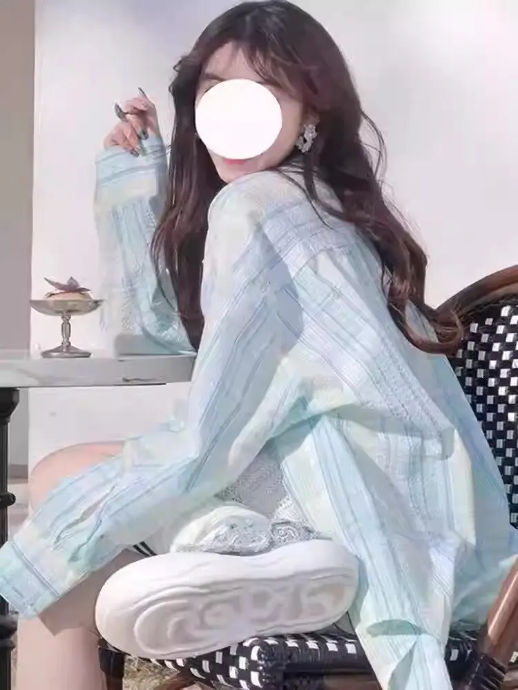 

Свободная женская рубашка в корейском стиле с длинным рукавом, защитой от солнца, в клетку, в стиле Lazy Design, для ранней весны, верхняя одежда, мятный волнистый стиль, в комплекте