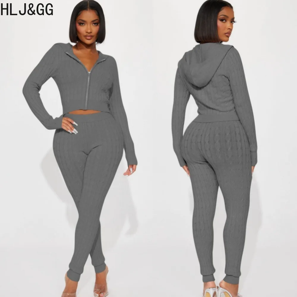 HLJ&GG Casual Solid Knitting Two Piece Sets Women Zip Long Sleeve Crop Top And Skinny Pants Tracksuits Female Sporty 2pcs Outfit