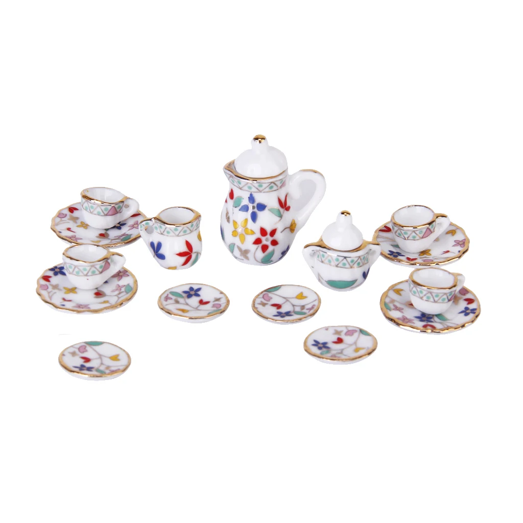 15 Flower Ceramic Porcelain Dolls House Miniature Tea Service Set