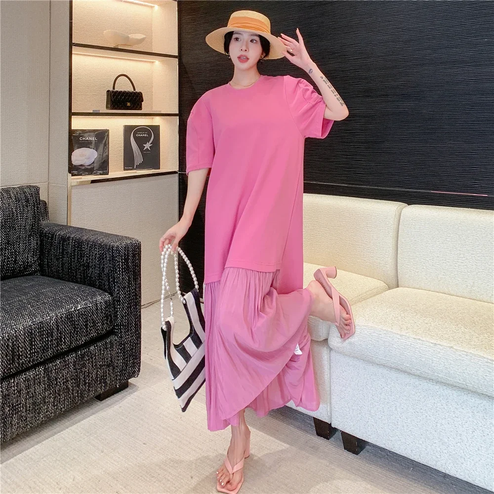 2025 Summer New Long Dress Women's Knitted Fabric Cotton Loose Panel Large Hemline T Shirt Dress Large