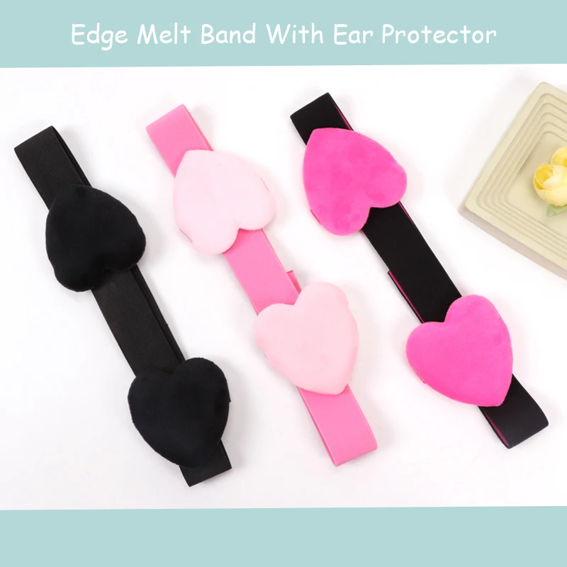 5Pcs Lace Melting Band With Large Heart Shape Ear Cover Black Rose Pink Hair Band For Wig Comfortable Elastic Band For Wigs