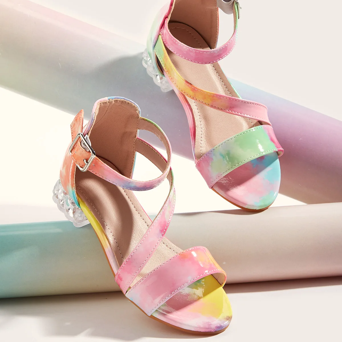 2025 New Children High-heeled Sandals for Girls Colorful Fashion Crystal Heel Show Shoes Open-toe Hollow Thick Heels Kids Sandal