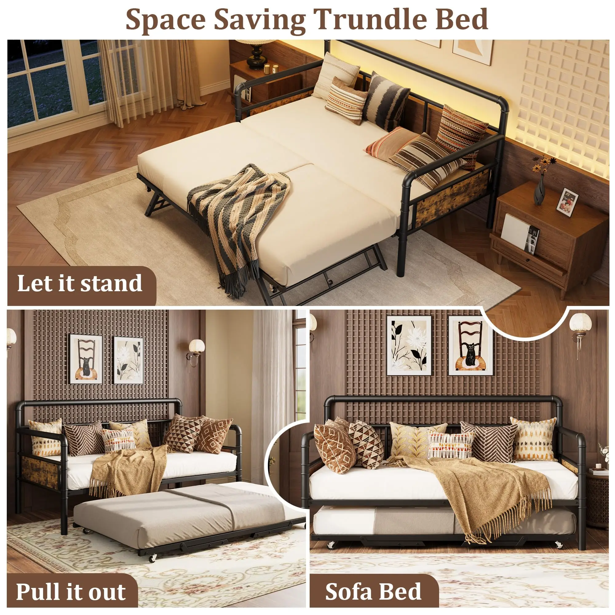 Twin Pop Up Trundle Bed Frame, Trundle Day Bed with Lockable Casters | Foldable Metal Platform,Heavy Duty Metal Slats,Use Solo or With Daybed,For Guest Room,Living Room,Space Saving image 4