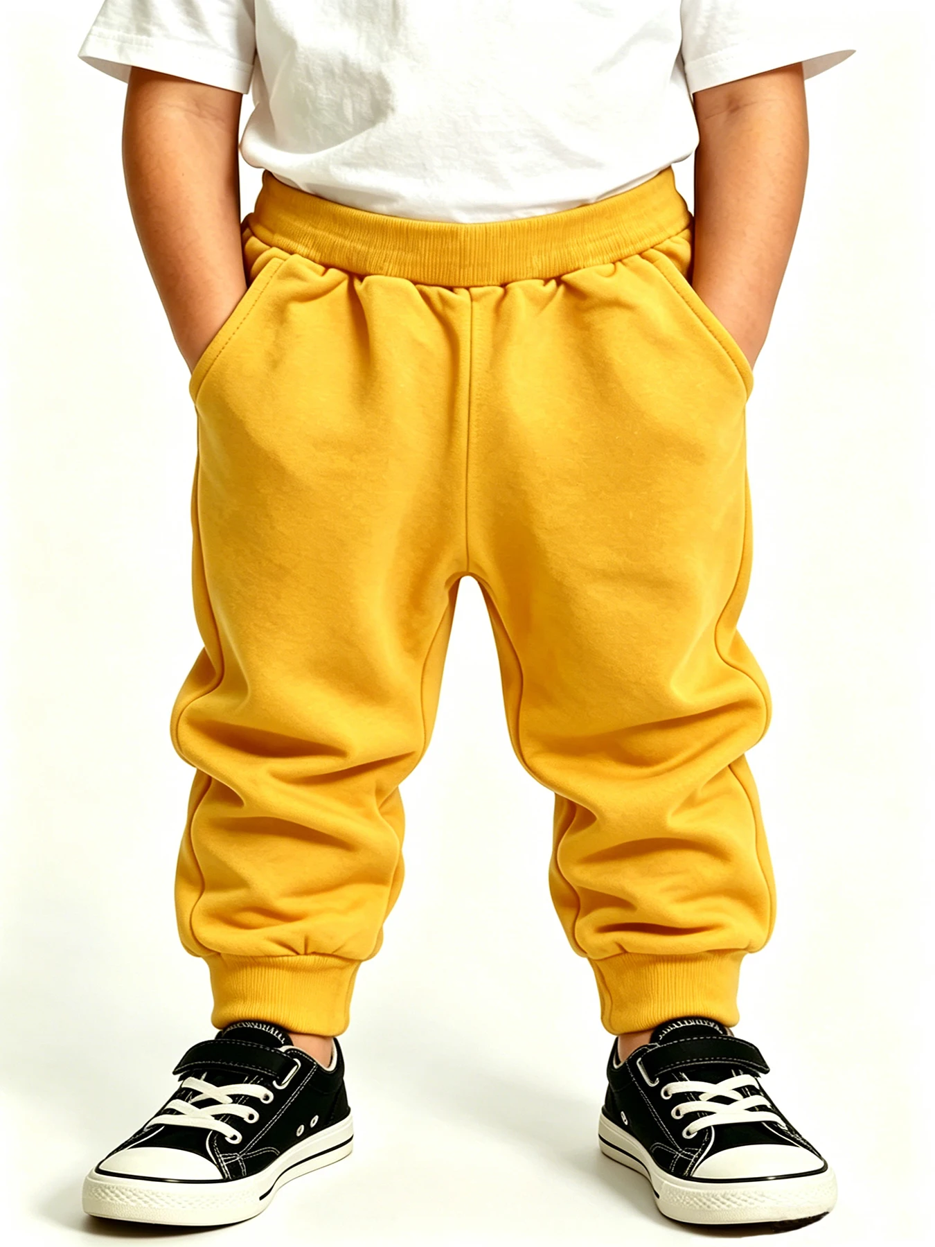 Boys Girls Yellow Jogger Pants All‑Season Wear Daily Outdoor Long Trousers Elastic Waist Side Pockets Casual Sport Sweatpants