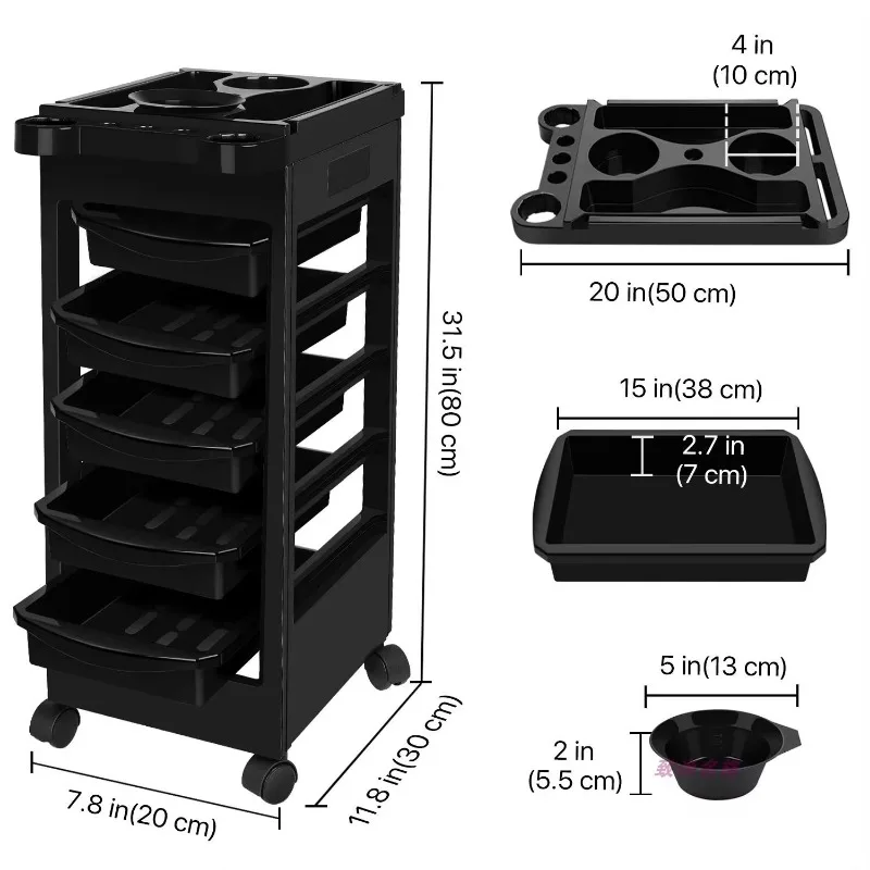 Beauty Salon Trolley Cart Plastic Rolling Cart for Stylists with 5 Removable Drawers and Dryer Holder for Barbershops