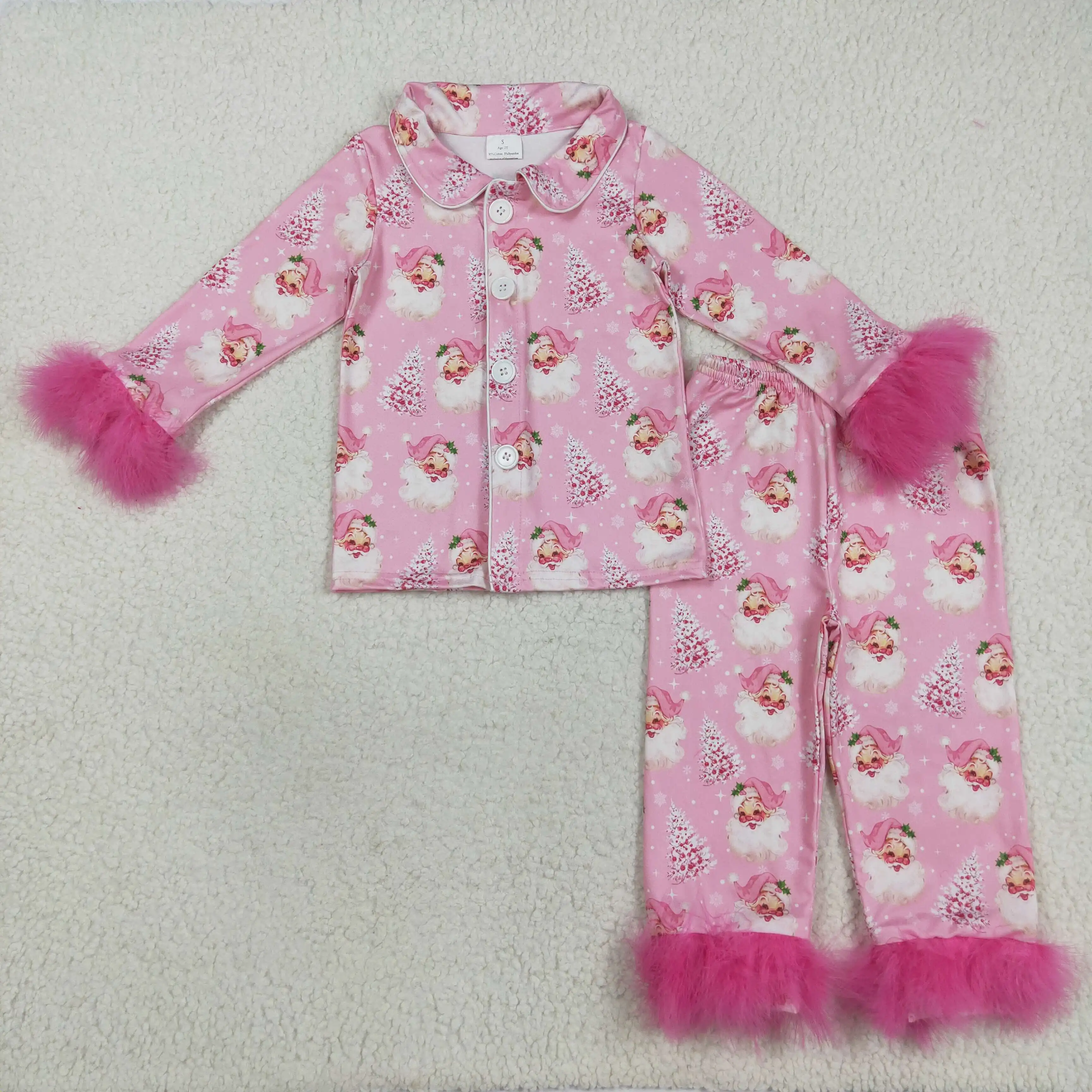 

Christmas baby girl clothing wholesale boutique Santa Claus tree snowflake plush trim pink long-sleeved long pants pajama set