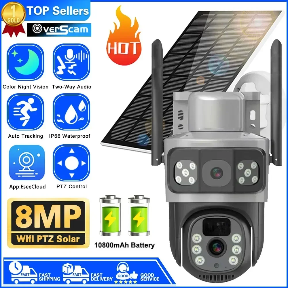 

4K 8MP WiFi Solar Battery Camera 128G Card Dual Lens Dual Screen Outdoor Security Protection PTZ Cam PIR Human Detection CCTV