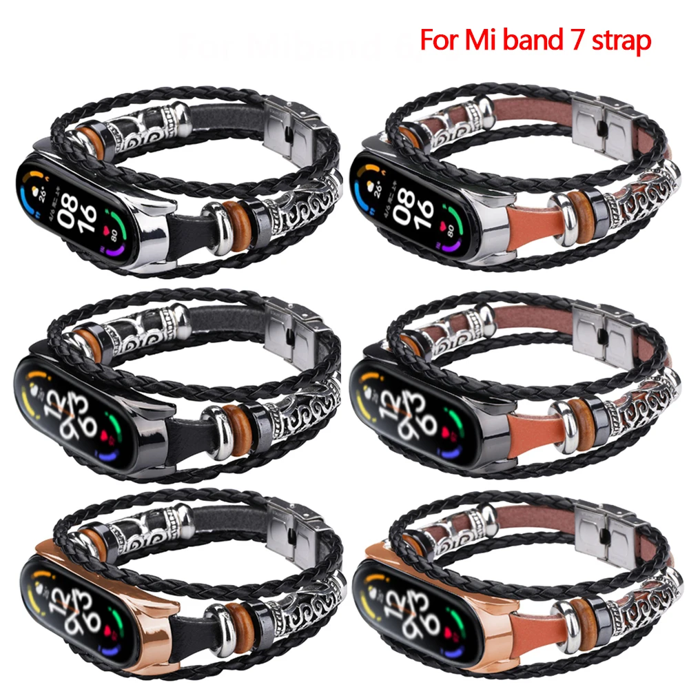 革ストラップビーズファッションdiyリストバンドxiaomi miバンド7ブレスレットエスニックスタイルのレトロな時計バンド
