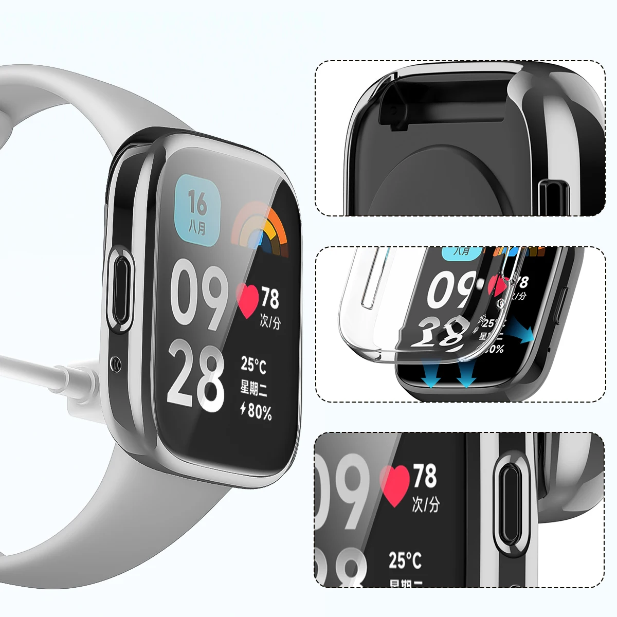 جراب سيليكون لين من البولي يلومن لساعة Redmi 3 ، واقي شاشة ، غطاء زجاجي ، سوار ساعة ذكي ، نشط 3 لايت