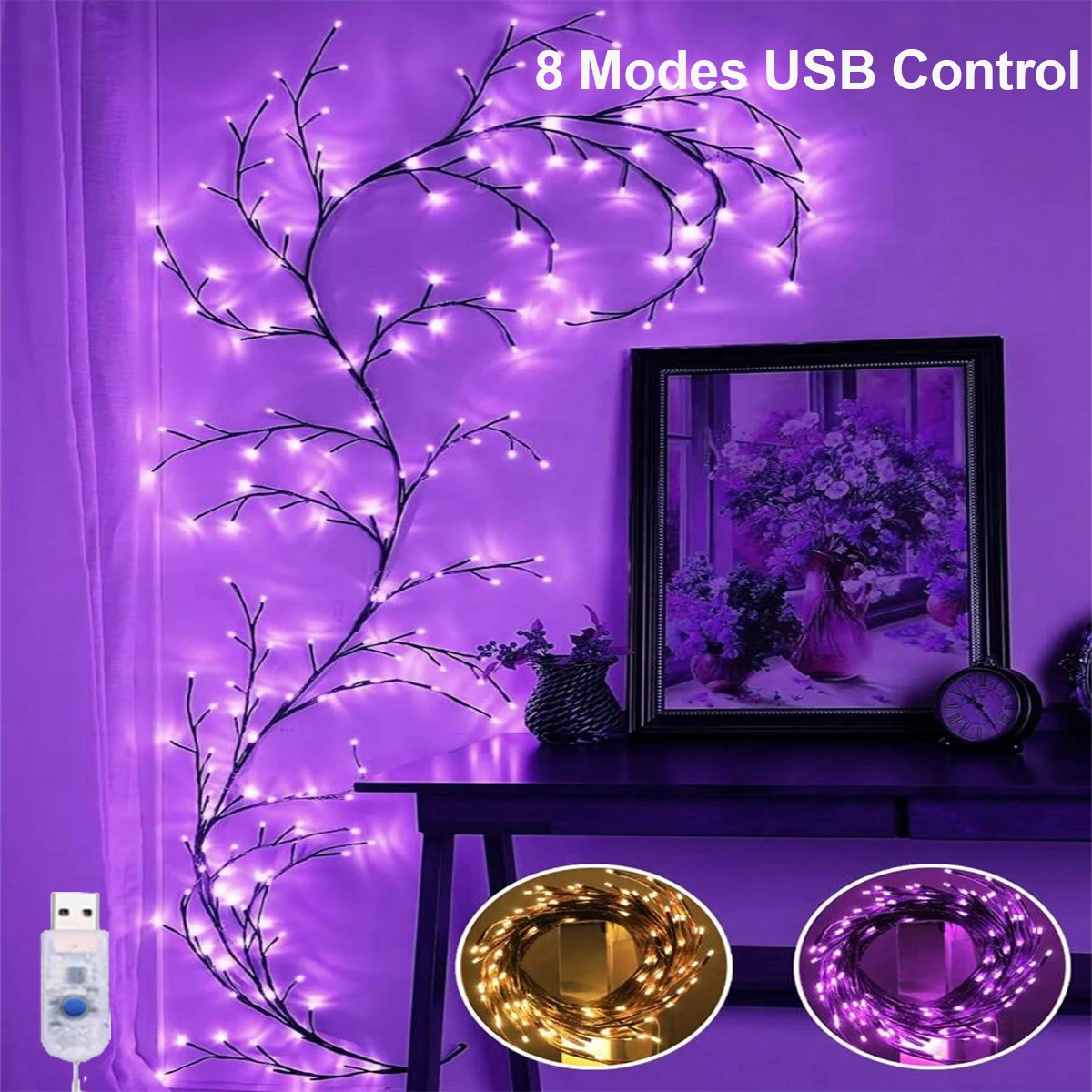 1PC 96 Led USB Tree Branch Rattan Lights 8 Modes Colorful String Lamp Halloween Christmas Wedding Bedroom Decoration