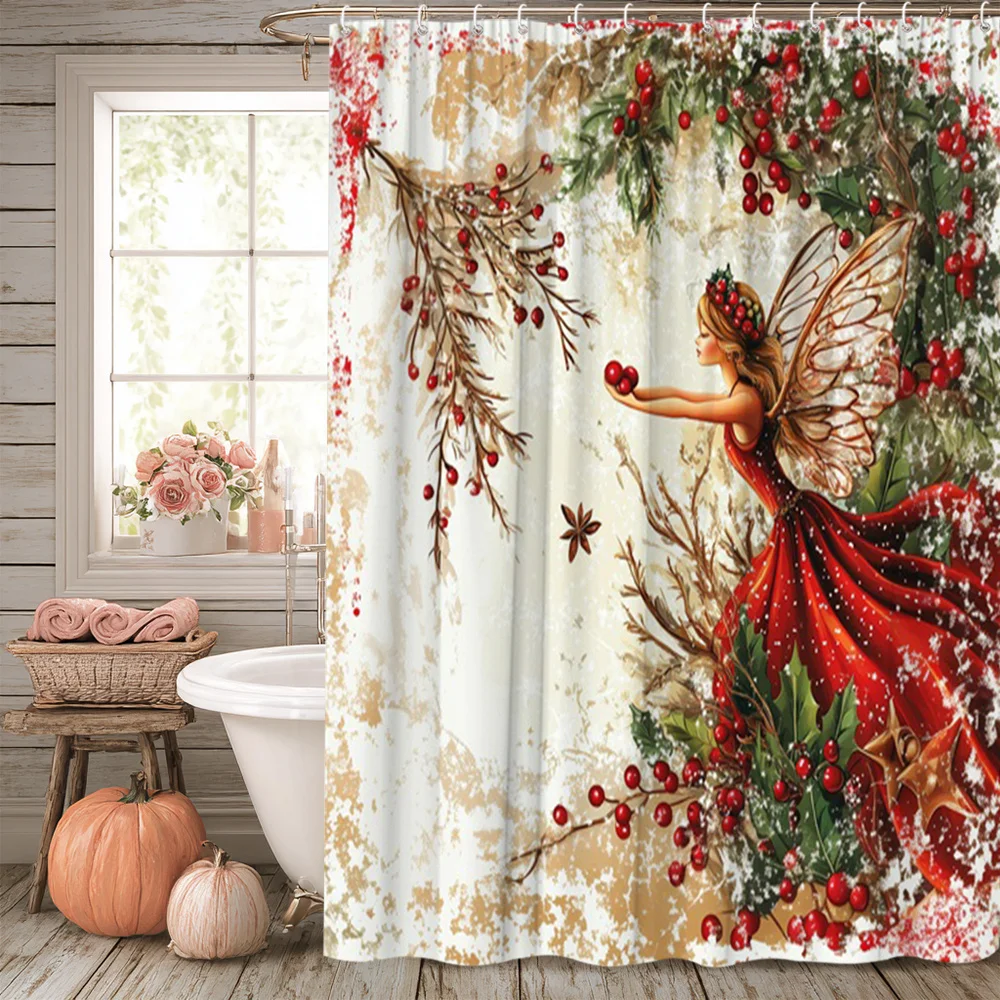 1pc Vintage Red Angel with Wings & Holly Berry Christmas Shower Curtain - Elegant Holiday Bath Decor Suitable for Bathtub/Shower
