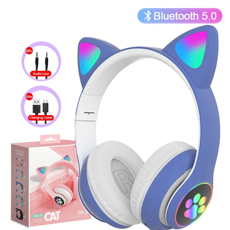 Flitslamp Leuke Kat Oren Hoofdtelefoon Bluetooth5.0 Stereo Met Microfoon Ondersteuning TF-kaart Draadloze Kinderen Meisje Oortelefoon Verjaardagscadeau